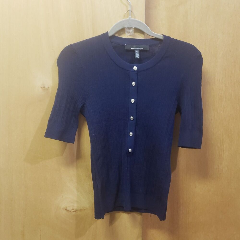 WHBM Navy Blue Elbow-Sleeve Henley Sz XS YYY Ribbed knit sweater 6 silver button
